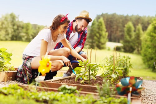 A young woman and a man are working together in a small, well-maintained garden on a sunny day, tending to vegetable plants that are growing in raised wooden beds. The woman is wearing glasses, a white t-shirt, and plaid shorts, while the man is dressed in a casual shirt, jeans, and a straw hat, both appearing engaged and focused on gardening tasks. The garden is surrounded by a lush, open landscape with green grass, mature trees in the background, and a clear blue sky, indicating pleasant weather. The soil in the beds appears rich and well-tended, and there are small decorative garden items, such as a colorful wind spinner and a little bird figurine, adding visual interest. This outdoor space is typical of residential gardens in the Islington area, and the scene reflects professional gardening and landscaping services aimed at creating vibrant and productive outdoor environments.