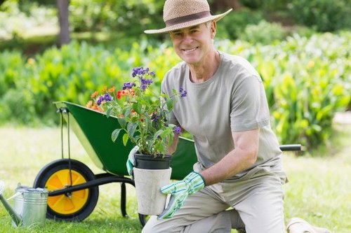 A smiling elderly man wearing a straw hat, light grey t-shirt, and gardening gloves is kneeling on a well-maintained lawn in a residential garden, holding a potted flowering plant with purple and red blooms. Behind him, there is a green wheelbarrow with yellow wheels, partially filled with garden tools and additional plants. The garden features lush, green foliage, including a hedge or shrubbery along the background, and a tidy, grassy area in the foreground. The scene is set outdoors on a bright day with natural light illuminating the garden, giving it a fresh and vibrant appearance, indicative of professional gardening and landscaping work by Landscapers Islington in the local area near N1 postcode, with a focus on lawn care and outdoor maintenance services.